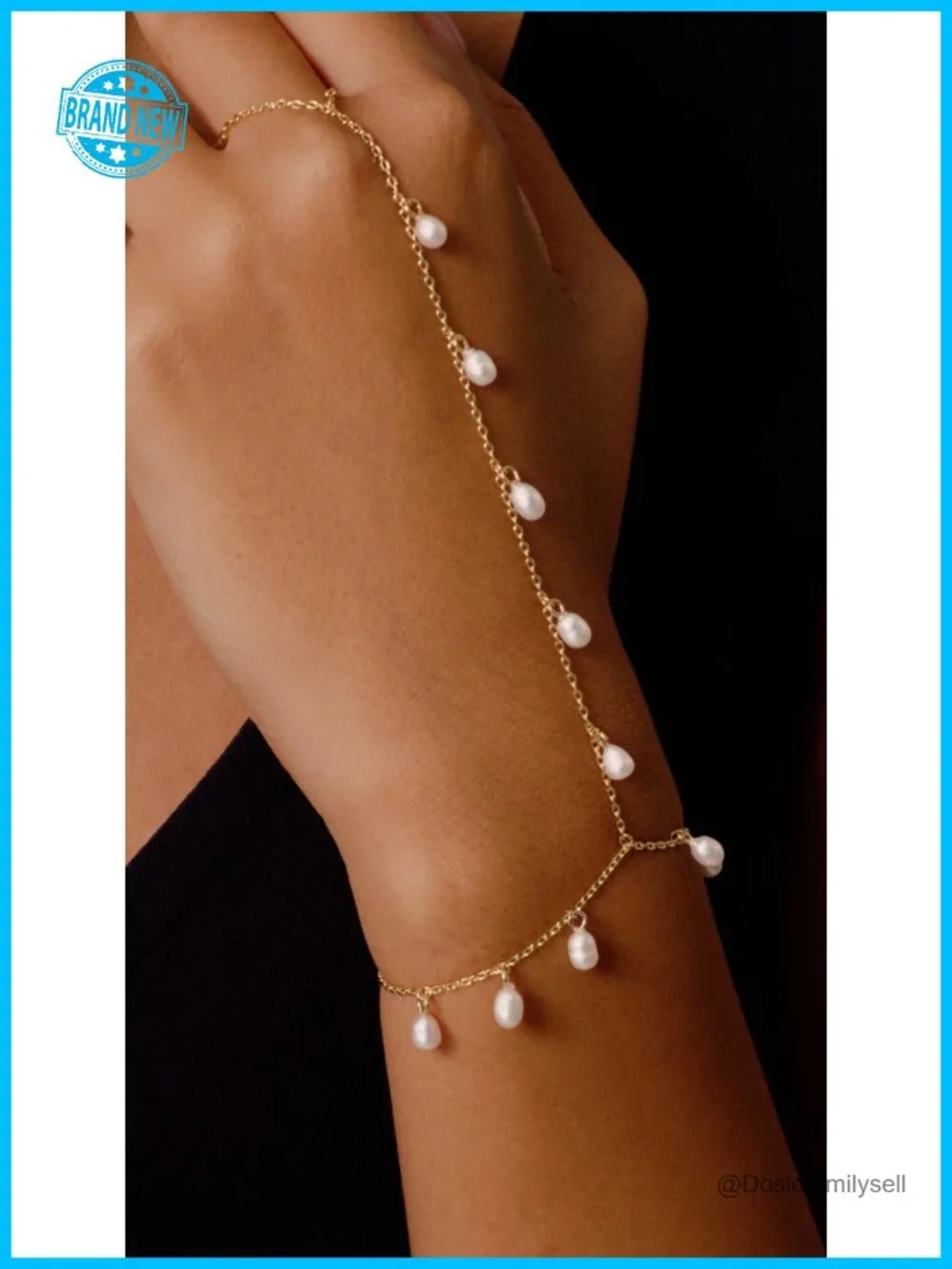 14K Gold Plated Adjustable Hand Chain Bracelet and Ring with Freshwater Pearls